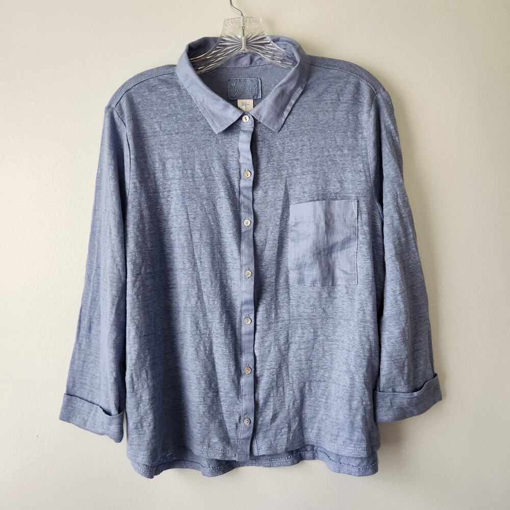 Sigrid Olsen Linen Top Womens XL Blue Button Up Coastal Beach Nautical Boho Chic
